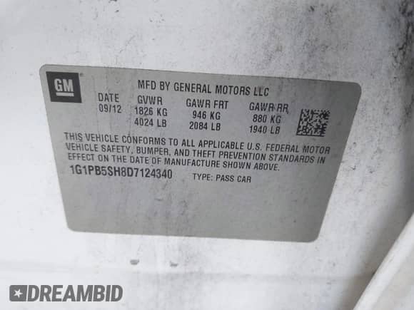 2013 Chevrolet Cruze LS with VIN 1G1PB5SH8D7124340, listed as a IAAI auction lot 42569910 with 249,425 mi miles and . Bid and sale history available at DreamBid. Image 9.