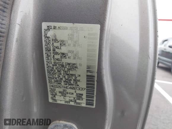 2004 Nissan Frontier XE with VIN 1N6DD26TX4C402337, listed as a IAAI auction lot 43104376 with 223,003 mi miles and . Bid and sale history available at DreamBid. Image 9.