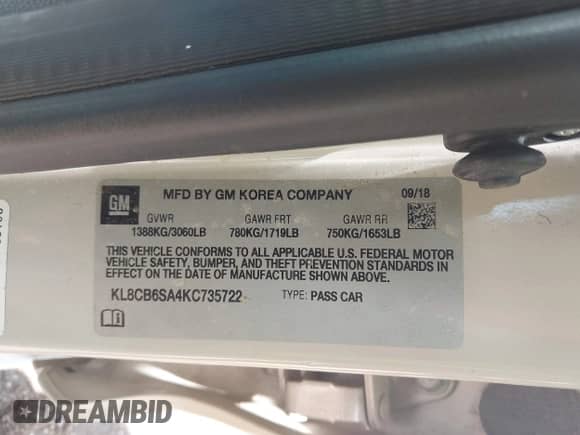2019 Chevrolet Spark LS with VIN KL8CB6SA4KC735722, listed as a IAAI auction lot 42593009 with 48,431 mi miles and . Bid and sale history available at DreamBid. Image 9.