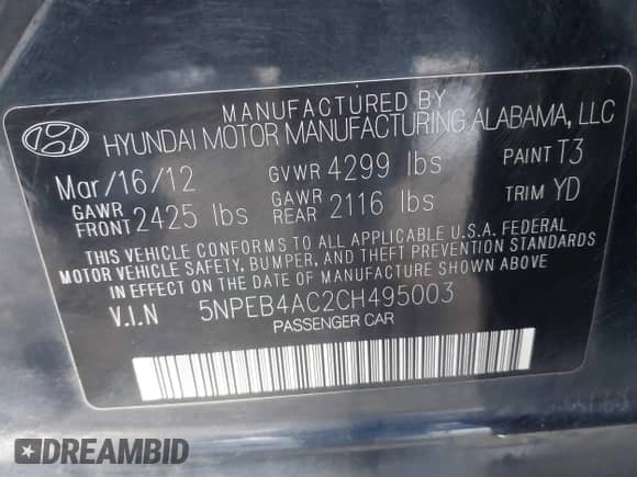 2012 Hyundai Sonata GLS z VIN 5NPEB4AC2CH495003, wystawiony jako IAAI lot #43485904 z przebiegiem 54 875 mil mil oraz . Historia ofert i sprzedaży dostępna na DreamBid. Obrazek 9.