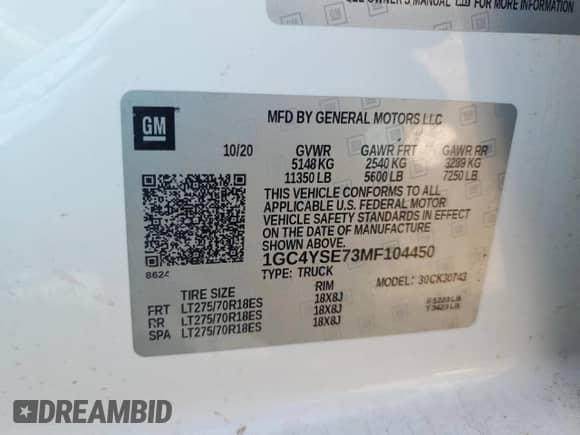 2021 Chevrolet Silverado 3500HD Work Truck с VIN 1GC4YSE73MF104450, выставлен на аукционе Copart как лот 54044285 с пробегом 38 651 миль миль и Списание • Salvage title. История ставок и продаж доступна на DreamBid. Изображение 12.