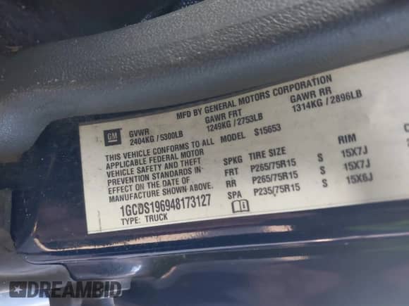 2004 Chevrolet Colorado LS Z71 with VIN 1GCDS196948173127, listed as a IAAI auction lot 41726649 with 169,111 mi miles and . Bid and sale history available at DreamBid. Image 9.