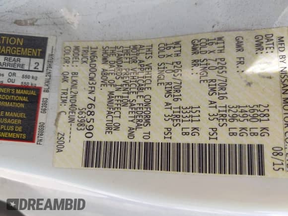 2015 Nissan Frontier SV with VIN 1N6AD0CW3FN768590, listed as a IAAI auction lot 42828370 with 108,123 mi miles and . Bid and sale history available at DreamBid. Image 9.