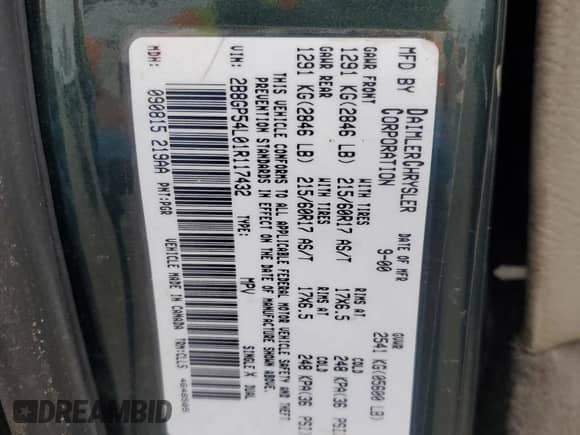 2001 Dodge Caravan ES with VIN 2B8GP54L01R117432, listed as a Copart auction lot 84896924 with 207,991 mi miles and Salvage title. Bid and sale history available at DreamBid. Image 14.
