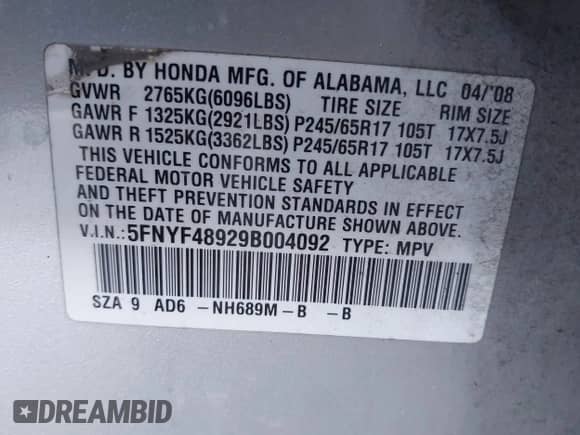 2009 Honda Pilot Touring with VIN 5FNYF48929B004092, listed as a IAAI auction lot 43116551 with 232,447 mi miles and . Bid and sale history available at DreamBid. Image 9.