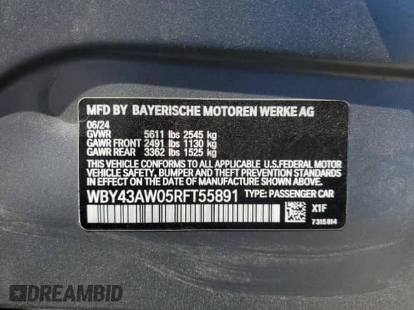 2024 BMW i4 eDrive35 with VIN WBY43AW05RFT55891, listed as a Copart auction lot 66478405 with 8,583 mi miles and Salvage title. Bid and sale history available at DreamBid. Image 13.