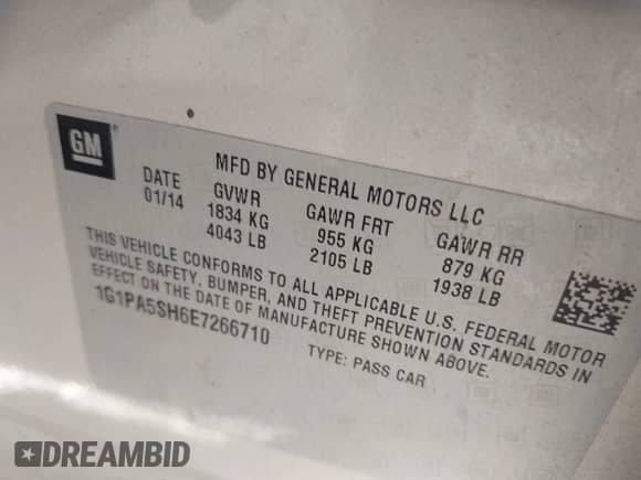 2014 Chevrolet Cruze LS с VIN 1G1PA5SH6E7266710, выставлен на аукционе IAAI как лот 43340230 с пробегом 187 671 миль миль и . История ставок и продаж доступна на DreamBid. Изображение 9.