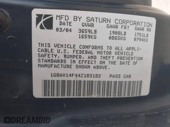 2004 Saturn ION with VIN 1G8AV14F44Z183182, listed as a IAAI auction lot 42732104 with 126,394 mi miles and . Bid and sale history available at DreamBid. Image 9.