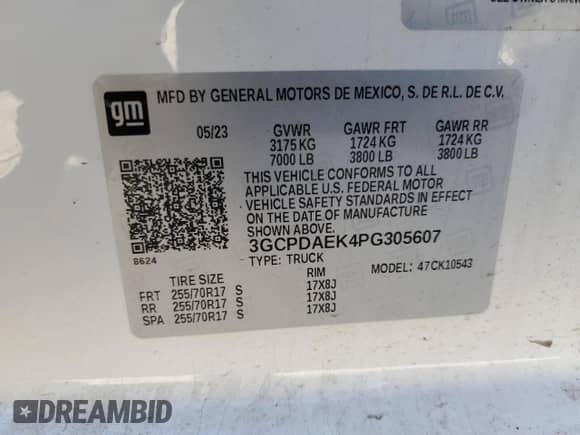 2023 Chevrolet Silverado 1500 Work Truck with VIN 3GCPDAEK4PG305607, listed as a Copart auction lot 48935655 with 10,480 mi miles and Salvage title. Bid and sale history available at DreamBid. Image 12.