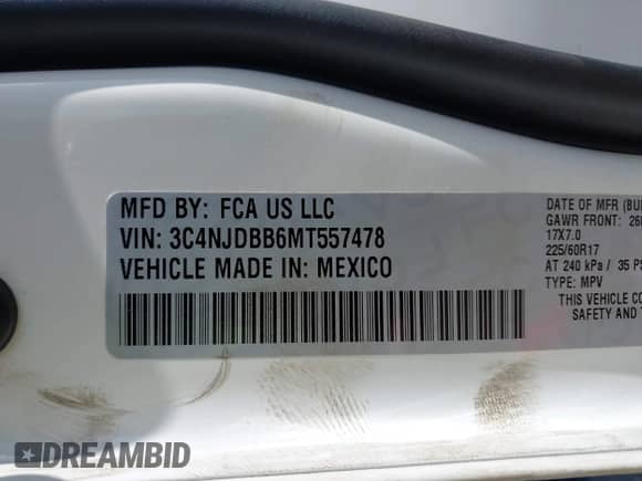 2021 Jeep Compass Latitude с VIN 3C4NJDBB6MT557478, выставлен на аукционе IAAI как лот 43222716 с пробегом 94 299 миль миль и . История ставок и продаж доступна на DreamBid. Изображение 9.