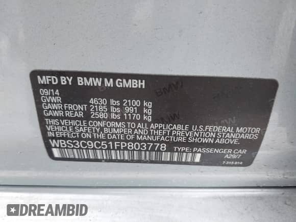 2015 BMW M3 with VIN WBS3C9C51FP803778, listed as a IAAI auction lot 41732784 with 58,820 mi miles and . Bid and sale history available at DreamBid. Image 9.