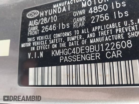 2011 Hyundai Genesis with VIN KMHGC4DE9BU122608, listed as a IAAI auction lot 42236236 with 127,009 mi miles and . Bid and sale history available at DreamBid. Image 9.