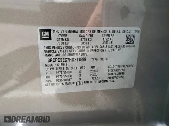 2017 Chevrolet Silverado 1500 LTZ with VIN 3GCPCSEC7HG211899, listed as a Copart auction lot 67068205 with 96,575 mi miles and Salvage title. Bid and sale history available at DreamBid. Image 12.