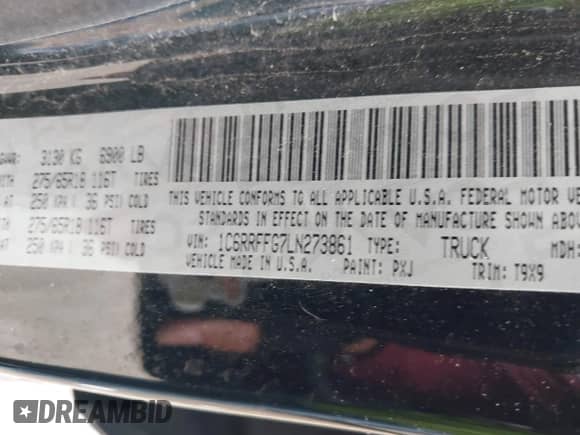 2020 Ram 1500 Big Horn with VIN 1C6RRFFG7LN273861, listed as a IAAI auction lot 42184889 with 75,679 mi miles and . Bid and sale history available at DreamBid. Image 9.
