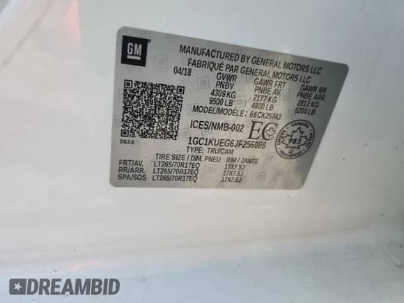 2018 Chevrolet Silverado 2500HD Work Truck with VIN 1GC1KUEG6JF256086, listed as a Copart auction lot 64550005 with 75,650 mi miles and Non repairable. Bid and sale history available at DreamBid. Image 13.