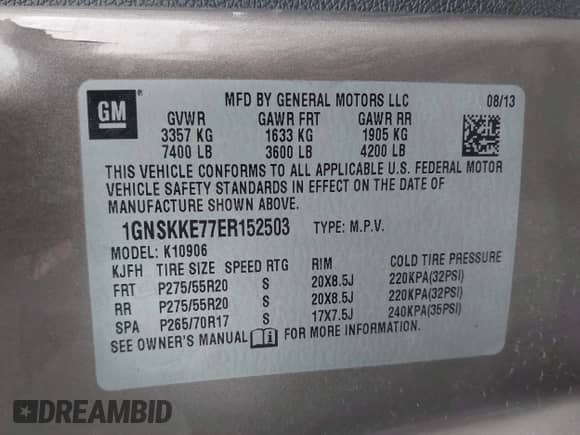 2014 Chevrolet Suburban LTZ with VIN 1GNSKKE77ER152503, listed as a IAAI auction lot 42105720 with 152,767 mi miles and . Bid and sale history available at DreamBid. Image 9.
