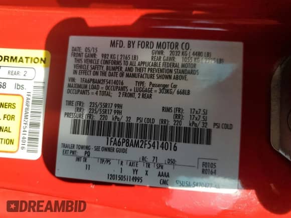 2015 Ford Mustang V6 with VIN 1FA6P8AM2F5414016, listed as a Copart auction lot 83889035 with 113,673 mi miles and Salvage title. Bid and sale history available at DreamBid. Image 12.