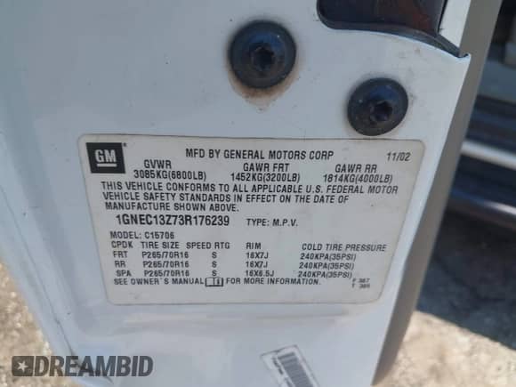 2003 Chevrolet Tahoe LS z VIN 1GNEC13Z73R176239, wystawiony jako IAAI lot #42660496 z przebiegiem 290 107 mil mil oraz . Historia ofert i sprzedaży dostępna na DreamBid. Obrazek 9.