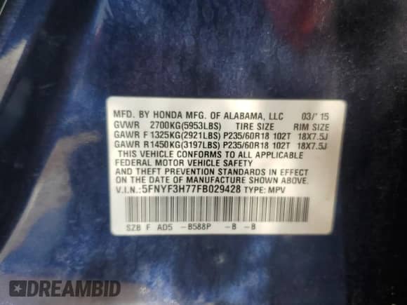 2015 Honda Pilot EX-L with VIN 5FNYF3H77FB029428, listed as a Copart auction lot 68773265 with 125,794 mi miles and Salvage title. Bid and sale history available at DreamBid. Image 13.