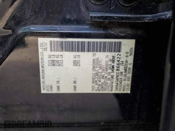 2012 Nissan Maxima SV z VIN 1N4AA5APXCC866422, wystawiony jako Copart lot #85945235 z przebiegiem Nie podano mil oraz Szkoda całkowita • Salvage title. Historia ofert i sprzedaży dostępna na DreamBid. Obrazek 12.