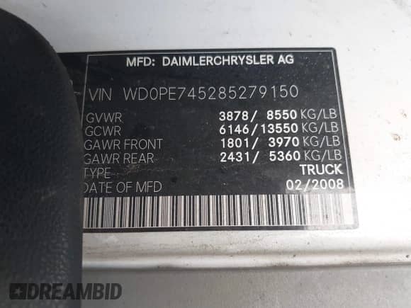 2008 Dodge Sprinter with VIN WD0PE745285279150, listed as a IAAI auction lot 41795121 with 296,757 mi miles and . Bid and sale history available at DreamBid. Image 9.