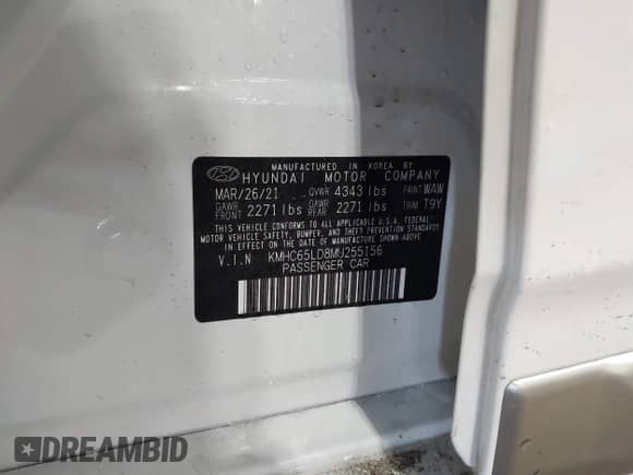 2021 Hyundai Ioniq SE с VIN KMHC65LD8MU255156, выставлен на аукционе IAAI как лот 41546277 с пробегом 37 517 миль миль и . История ставок и продаж доступна на DreamBid. Изображение 9.