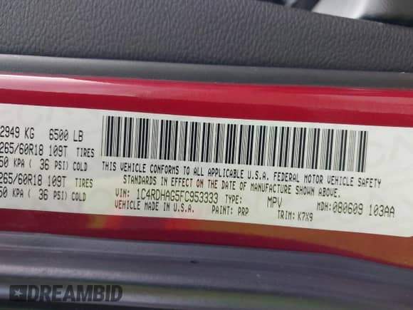 2015 Dodge Durango SXT with VIN 1C4RDHAG5FC953333, listed as a IAAI auction lot 43518489 with 128,313 mi miles and . Bid and sale history available at DreamBid. Image 9.