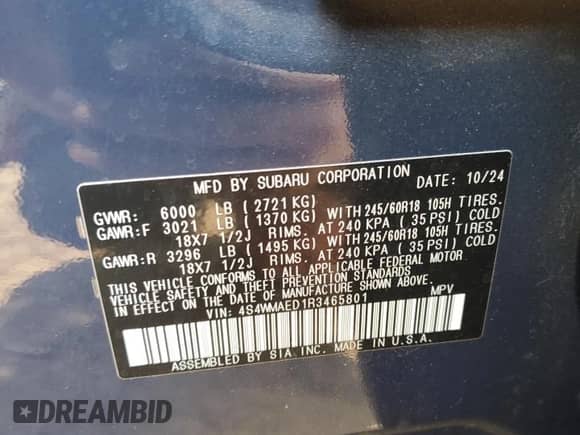 2024 Subaru Ascent Premium с VIN 4S4WMAED1R3465801, выставлен на аукционе Copart как лот 69074155 с пробегом 11 200 миль миль и На запчасти • Non repairable. История ставок и продаж доступна на DreamBid. Изображение 12.