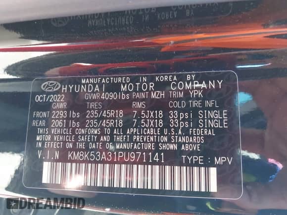 2023 Hyundai Kona Limited с VIN KM8K53A31PU971141, выставлен на аукционе IAAI как лот 42189225 с пробегом 45 608 миль миль и . История ставок и продаж доступна на DreamBid. Изображение 9.