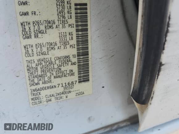 2019 Nissan Frontier S with VIN 1N6AD0ER6KN711687, listed as a Copart auction lot 84560065 with 131,133 mi miles and Salvage title. Bid and sale history available at DreamBid. Image 12.