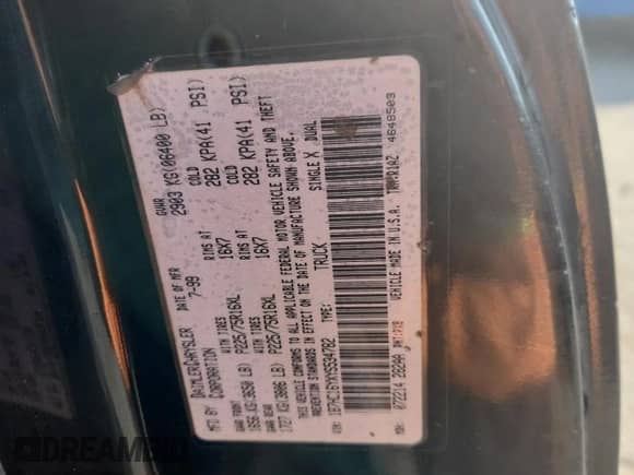 2000 Dodge 1500 with VIN 1B7HC16YXYS534782, listed as a Copart auction lot 66699915 with 185,726 mi miles and Clean title. Bid and sale history available at DreamBid. Image 12.