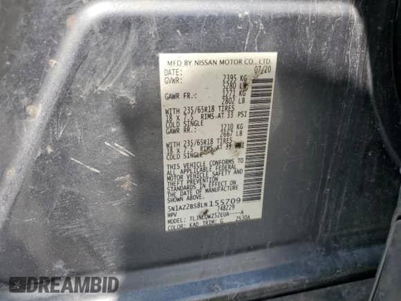 2020 Nissan Murano SV с VIN 5N1AZ2BS8LN155709, выставлен на аукционе Copart как лот 82647794 с пробегом 109 110 миль миль и Списание • Salvage title. История ставок и продаж доступна на DreamBid. Изображение 16.