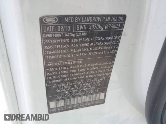 2011 Land Rover Range Rover Sport HSE Lux with VIN SALSK2D48BA269073, listed as a IAAI auction lot 43058630 with 117,259 mi miles and . Bid and sale history available at DreamBid. Image 9.