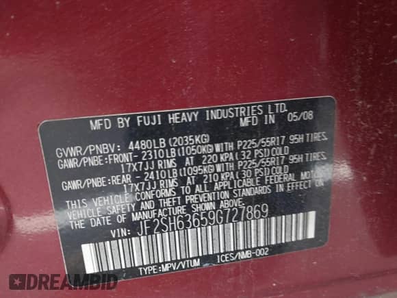 2009 Subaru Forester X with VIN JF2SH63659G727869, listed as a IAAI auction lot 42952008 with 191,185 mi miles and . Bid and sale history available at DreamBid. Image 9.