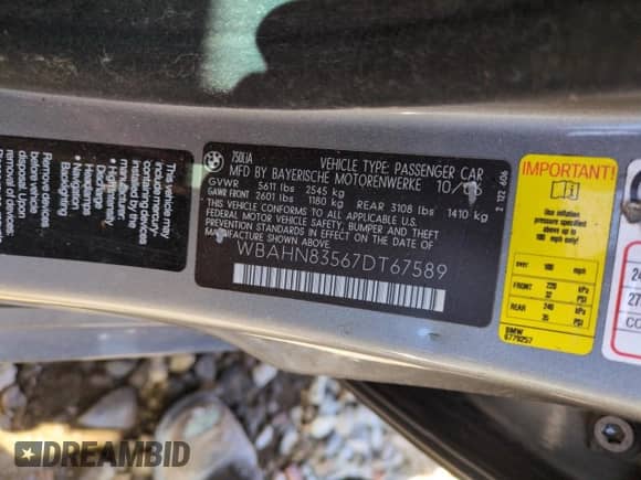2007 BMW 7 Series 750Li with VIN WBAHN83567DT67589, listed as a Copart auction lot 56986425 with 122,100 mi miles and Salvage title. Bid and sale history available at DreamBid. Image 12.