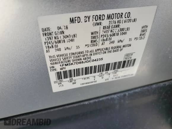 2018 Ford Explorer XLT with VIN 1FM5K7D88JGC04235, listed as a Copart auction lot 68366025 with 129,344 mi miles and Salvage title. Bid and sale history available at DreamBid. Image 14.