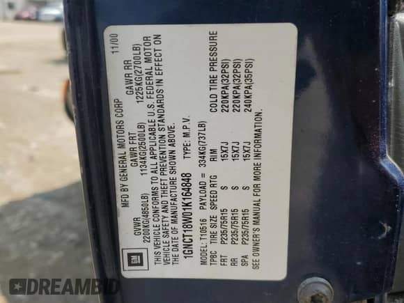 2001 Chevrolet Blazer LS z VIN 1GNCT18W01K164848, wystawiony jako Copart lot #59951705 z przebiegiem 109 273 mil mil oraz Nie do naprawy • Non repairable. Historia ofert i sprzedaży dostępna na DreamBid. Obrazek 12.