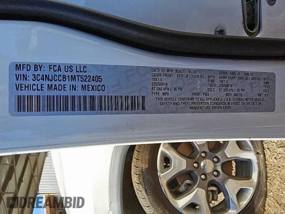 2021 Jeep Compass Limited с VIN 3C4NJCCB1MT522405, выставлен на аукционе Copart как лот 84596745 с пробегом 105 554 миль миль и Чистый • Clean title. История ставок и продаж доступна на DreamBid. Изображение 13.