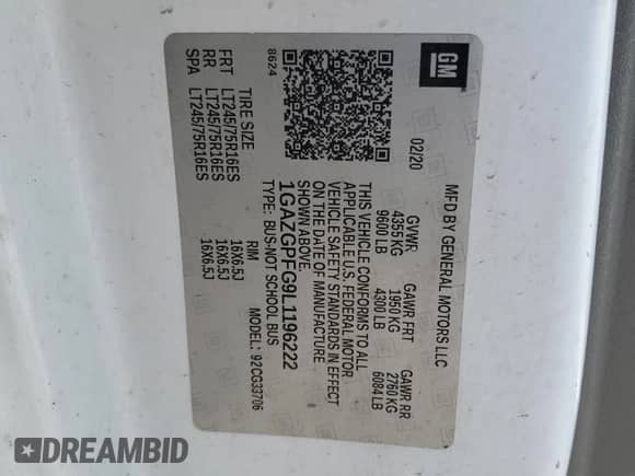 2020 Chevrolet Express Passenger LT с VIN 1GAZGPFG9L1196222, выставлен на аукционе Copart как лот 55249105 с пробегом 153 568 миль миль и Списание • Salvage title. История ставок и продаж доступна на DreamBid. Изображение 13.