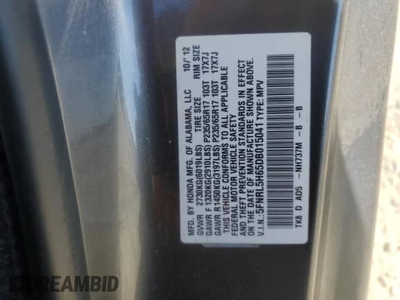 2013 Honda Odyssey EX-L с VIN 5FNRL5H65DB015041, выставлен на аукционе Copart как лот 61610385 с пробегом 177 790 миль миль и Списание • Salvage title. История ставок и продаж доступна на DreamBid. Изображение 13.