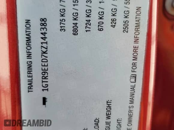 2019 GMC Sierra 1500 AT4 with VIN 1GTR9EED7KZ144388, listed as a Copart auction lot 52574675 with 35,375 mi miles and Non repairable. Bid and sale history available at DreamBid. Image 12.