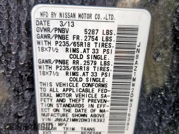 2013 Nissan Murano SL with VIN JN8AZ1MW2DW316392, listed as a Copart auction lot 72099175 with 133,369 mi miles and Clean title. Bid and sale history available at DreamBid. Image 13.