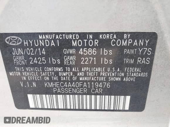 2015 Hyundai Sonata Limited z VIN KMHEC4A40FA119476, wystawiony jako IAAI lot #42656392 z przebiegiem 289 097 mil mil oraz . Historia ofert i sprzedaży dostępna na DreamBid. Obrazek 9.