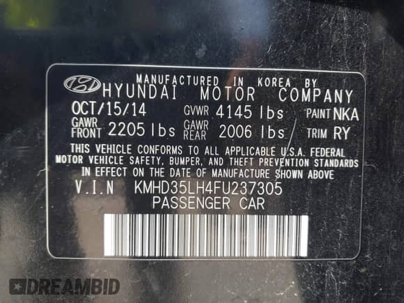 2015 Hyundai Elantra with VIN KMHD35LH4FU237305, listed as a IAAI auction lot 42562537 with 150,687 mi miles and . Bid and sale history available at DreamBid. Image 9.