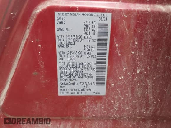 2014 Nissan Pathfinder SV with VIN 5N1AR2MM8EC723843, listed as a IAAI auction lot 42758373 with 185,915 mi miles and . Bid and sale history available at DreamBid. Image 9.