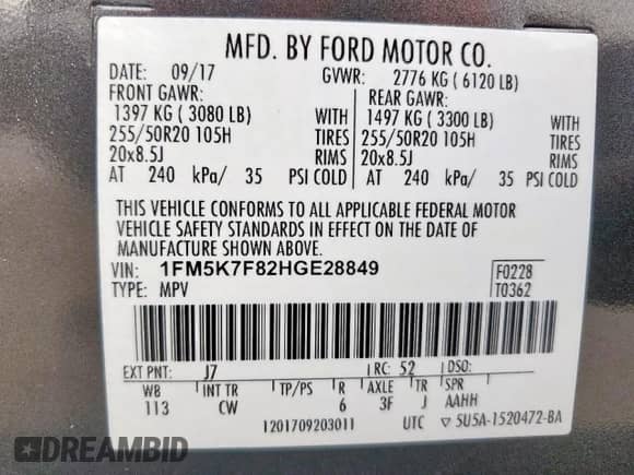 2017 Ford Explorer Limited z VIN 1FM5K7F82HGE28849, wystawiony jako Copart lot #67466565 z przebiegiem 50 413 mil mil oraz Szkoda całkowita • Salvage title. Historia ofert i sprzedaży dostępna na DreamBid. Obrazek 14.