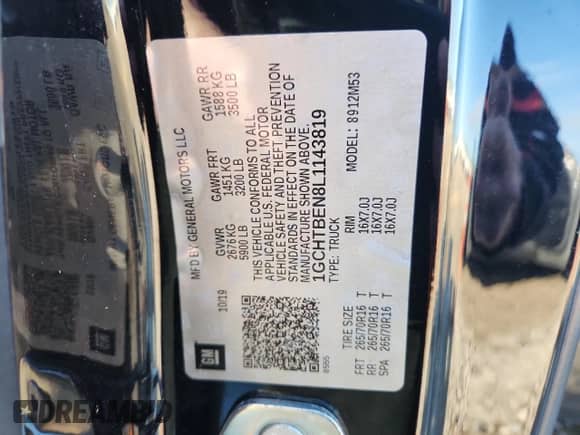 2020 Chevrolet Colorado 4WD Work Truck с VIN 1GCHTBEN8L1143819, выставлен на аукционе Copart как лот 71208235 с пробегом 60 161 миль миль и Списание • Salvage title. История ставок и продаж доступна на DreamBid. Изображение 12.