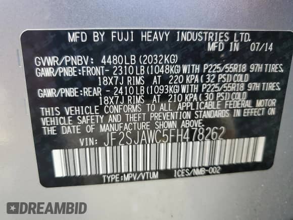 2015 Subaru Forester Touring with VIN JF2SJAWC5FH478262, listed as a Copart auction lot 83928935 with 90,601 mi miles and Salvage title. Bid and sale history available at DreamBid. Image 14.