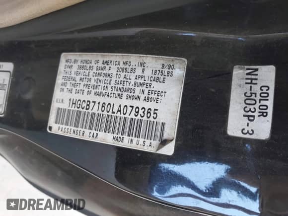 1990 Honda Accord с VIN 1HGCB7160LA079365, выставлен на аукционе IAAI как лот 42736811 с пробегом 253 696 миль миль и . История ставок и продаж доступна на DreamBid. Изображение 9.