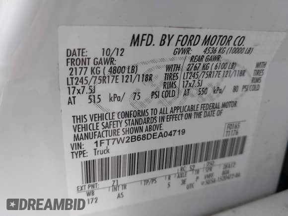 2013 Ford F-250 XL с VIN 1FT7W2B68DEA04719, выставлен на аукционе IAAI как лот 42484806 с пробегом 31 066 миль миль и . История ставок и продаж доступна на DreamBid. Изображение 9.